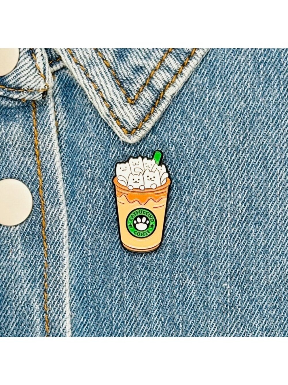 ⭐Frappuccino I Love Cats & Coffee Enamel Pin with Rubber Catpuccino Brooch New